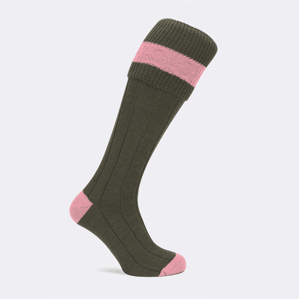 Pennine Byron Ladies Shooting Socks - Olive/Pink